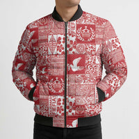 Red Tonga Kilisimasi Fiefia Bomber Puffer Jacket Pacific Patchwork Xmas Vibes - Polynesian Pride