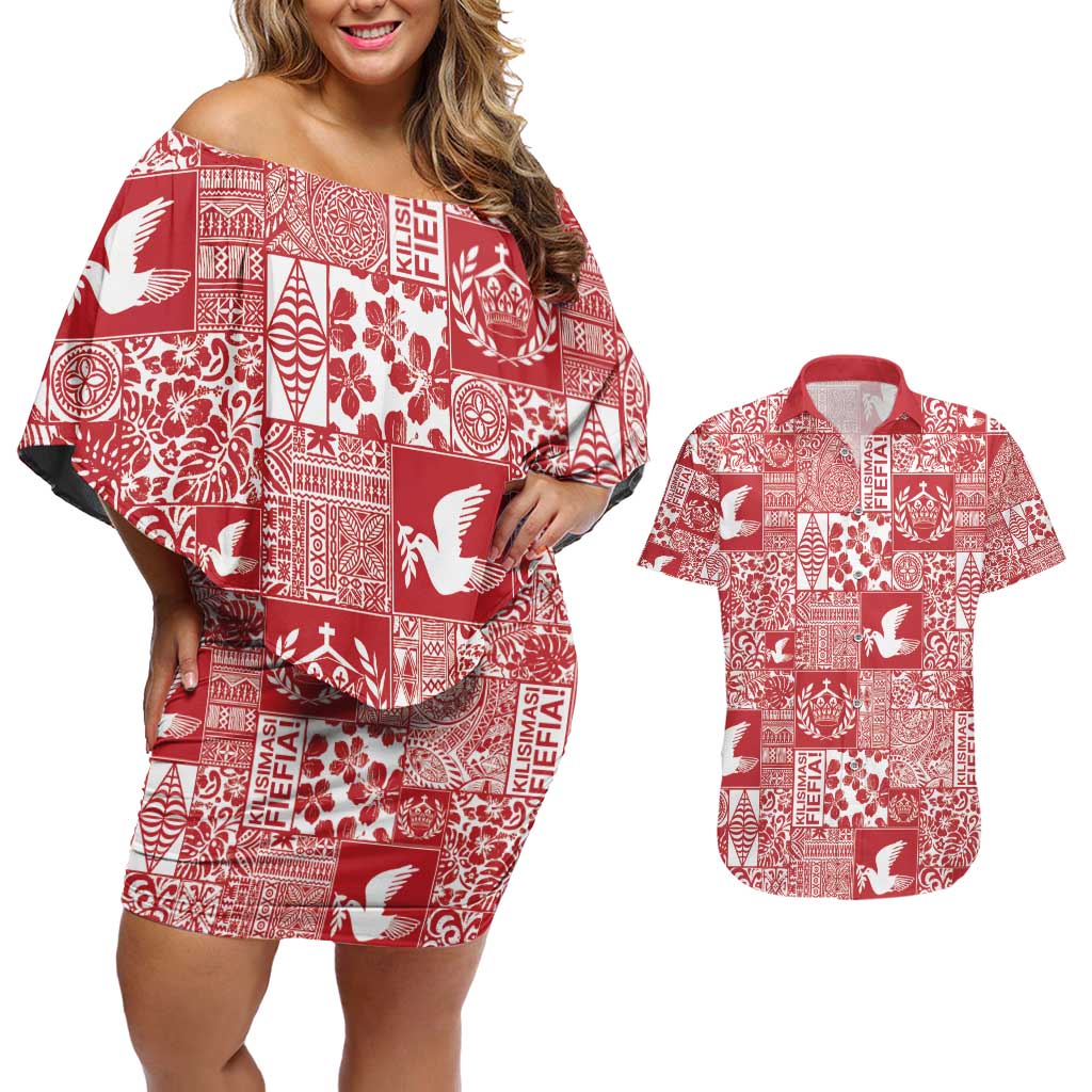 Red Tonga Kilisimasi Fiefia Couples Matching Off Shoulder Short Dress and Hawaiian Shirt Pacific Patchwork Xmas Vibes - Polynesian Pride