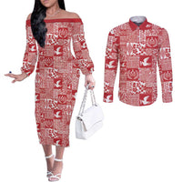 Red Tonga Kilisimasi Fiefia Couples Matching Off The Shoulder Long Sleeve Dress and Long Sleeve Button Shirt Pacific Patchwork Xmas Vibes - Polynesian Pride