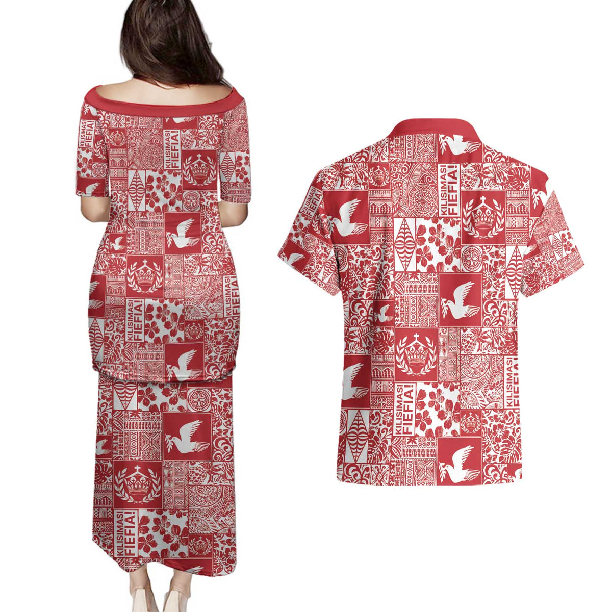 Red Tonga Kilisimasi Fiefia Couples Matching Puletasi and Hawaiian Shirt Pacific Patchwork Xmas Vibes - Polynesian Pride