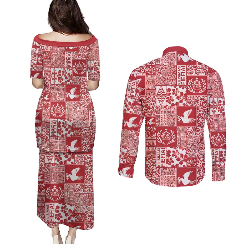 Red Tonga Kilisimasi Fiefia Couples Matching Puletasi and Long Sleeve Button Shirt Pacific Patchwork Xmas Vibes - Polynesian Pride