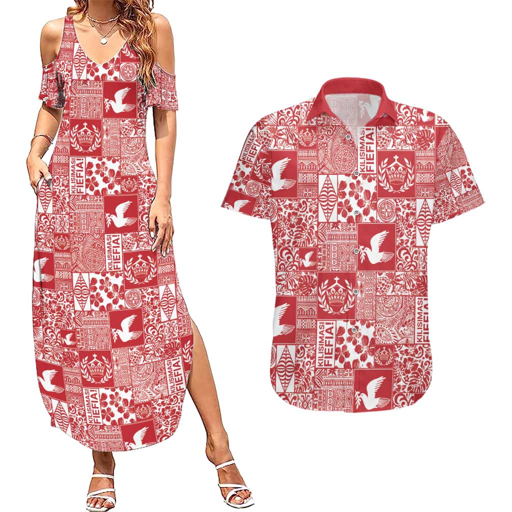 Red Tonga Kilisimasi Fiefia Couples Matching Summer Maxi Dress and Hawaiian Shirt Pacific Patchwork Xmas Vibes - Polynesian Pride