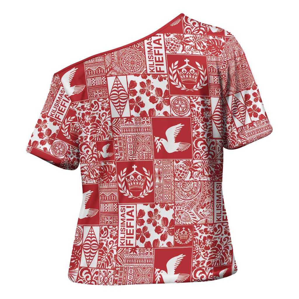 Red Tonga Kilisimasi Fiefia Cross Shoulder Shirt Pacific Patchwork Xmas Vibes - Polynesian Pride