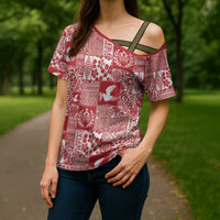 Red Tonga Kilisimasi Fiefia Cross Shoulder Shirt Pacific Patchwork Xmas Vibes - Polynesian Pride