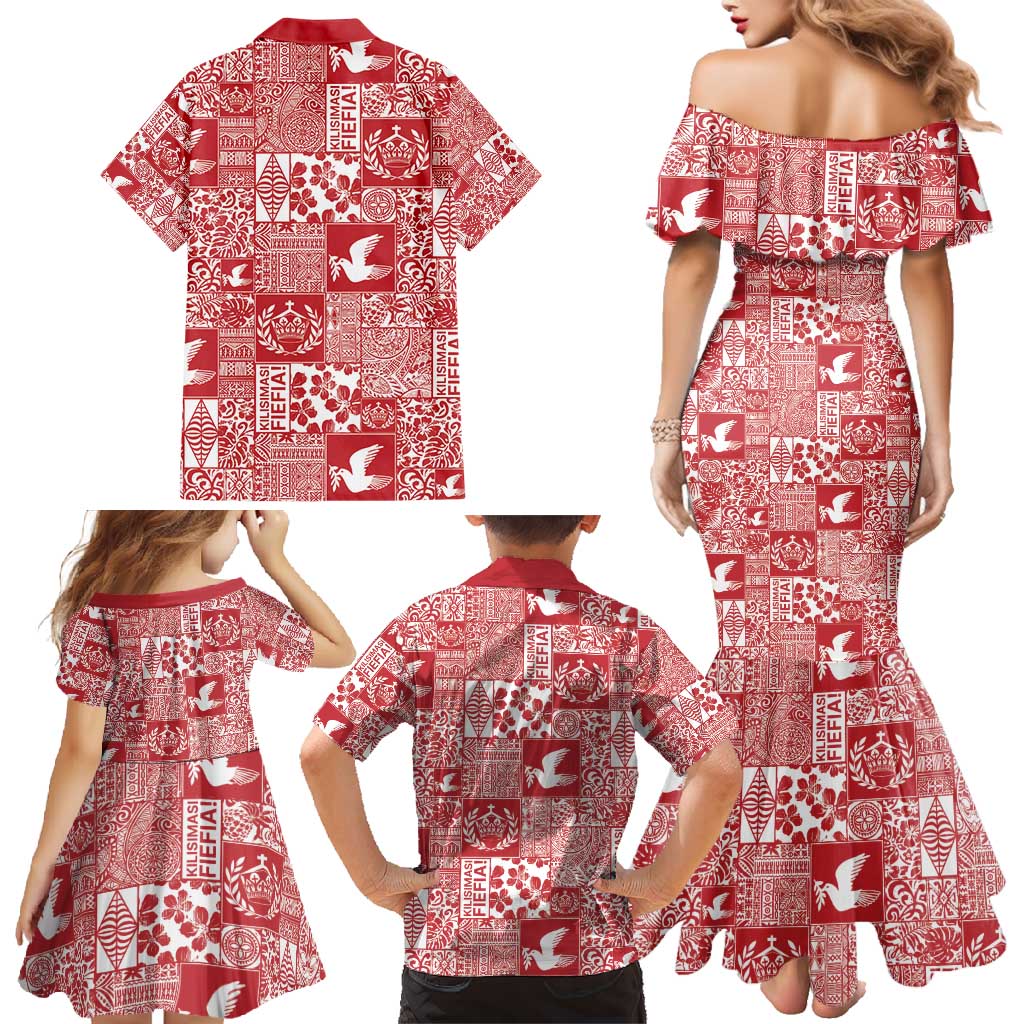 Red Tonga Kilisimasi Fiefia Family Matching Mermaid Dress and Hawaiian Shirt Pacific Patchwork Xmas Vibes - Polynesian Pride