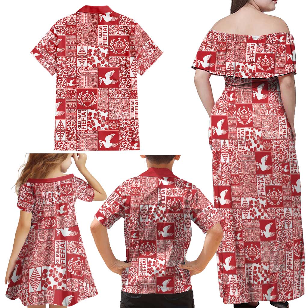 Red Tonga Kilisimasi Fiefia Family Matching Off Shoulder Maxi Dress and Hawaiian Shirt Pacific Patchwork Xmas Vibes - Polynesian Pride