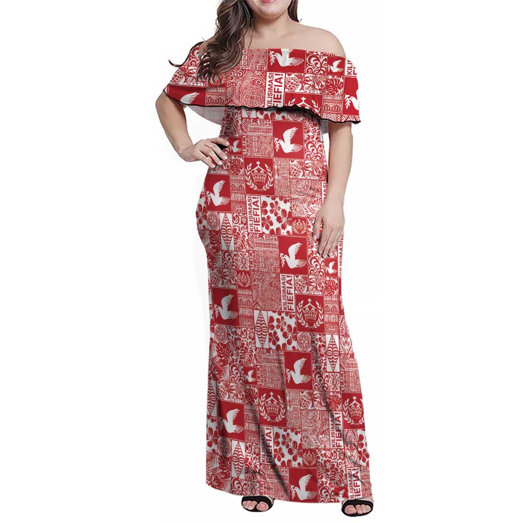 Red Tonga Kilisimasi Fiefia Family Matching Off Shoulder Maxi Dress and Hawaiian Shirt Pacific Patchwork Xmas Vibes - Polynesian Pride