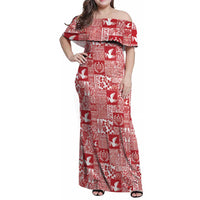 Red Tonga Kilisimasi Fiefia Family Matching Off Shoulder Maxi Dress and Hawaiian Shirt Pacific Patchwork Xmas Vibes - Polynesian Pride