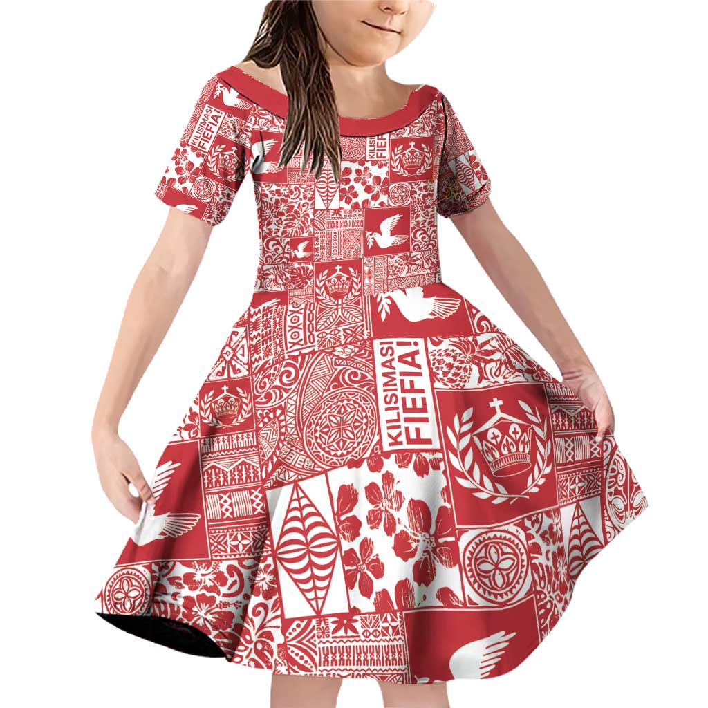Red Tonga Kilisimasi Fiefia Family Matching Off Shoulder Short Dress and Hawaiian Shirt Pacific Patchwork Xmas Vibes - Polynesian Pride
