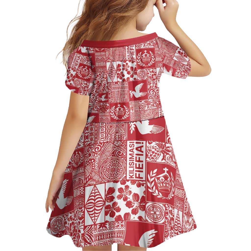 Red Tonga Kilisimasi Fiefia Family Matching Off Shoulder Short Dress and Hawaiian Shirt Pacific Patchwork Xmas Vibes - Polynesian Pride
