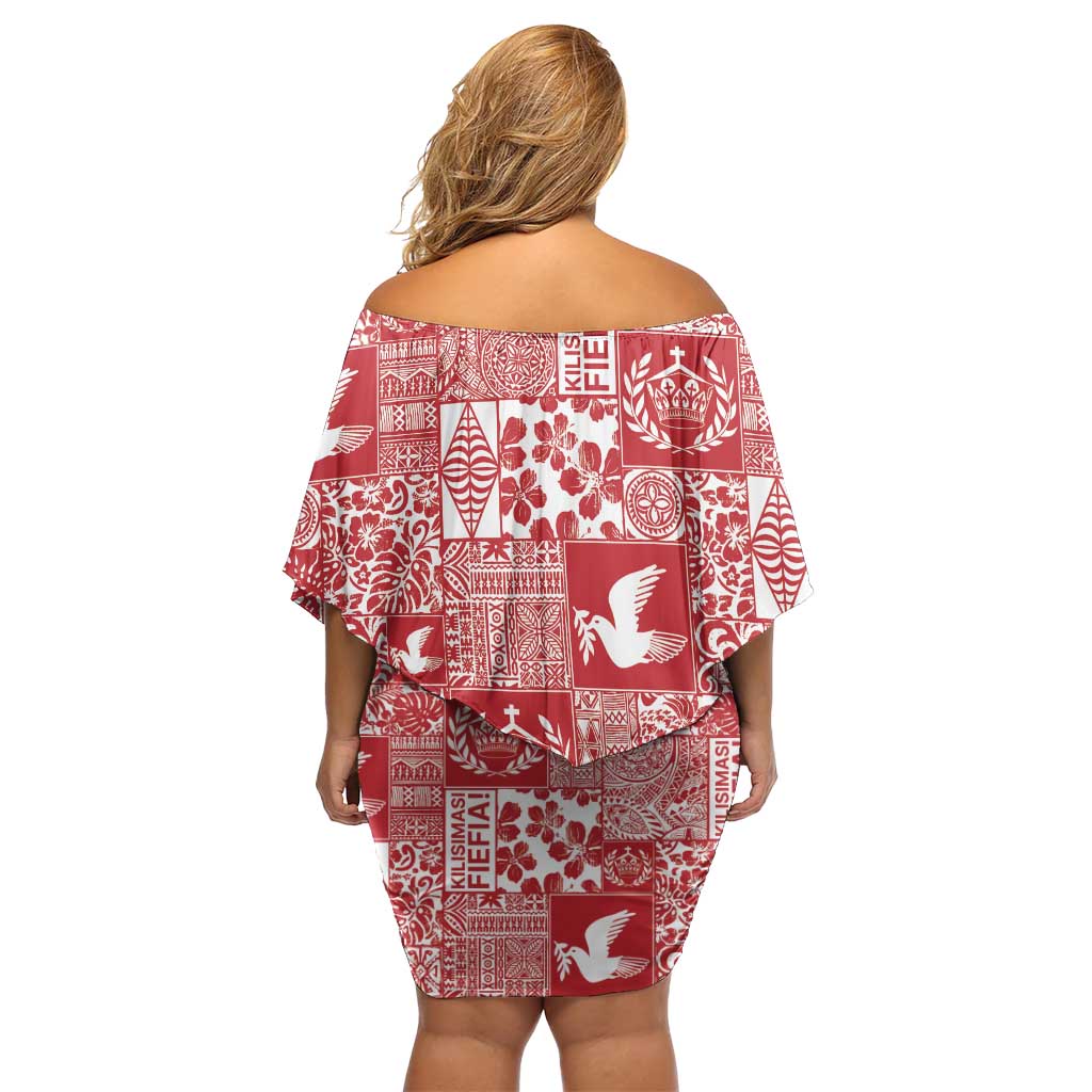 Red Tonga Kilisimasi Fiefia Family Matching Off Shoulder Short Dress and Hawaiian Shirt Pacific Patchwork Xmas Vibes - Polynesian Pride