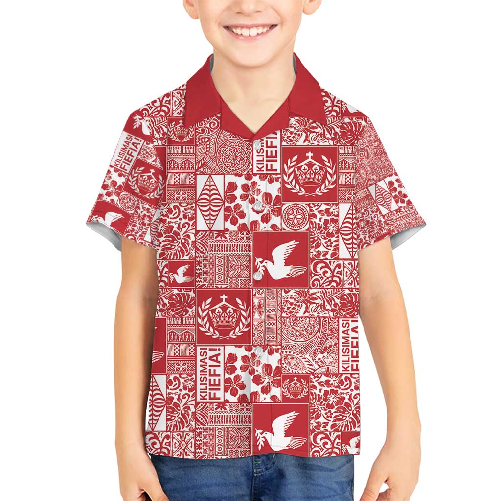 Red Tonga Kilisimasi Fiefia Family Matching Off Shoulder Short Dress and Hawaiian Shirt Pacific Patchwork Xmas Vibes - Polynesian Pride
