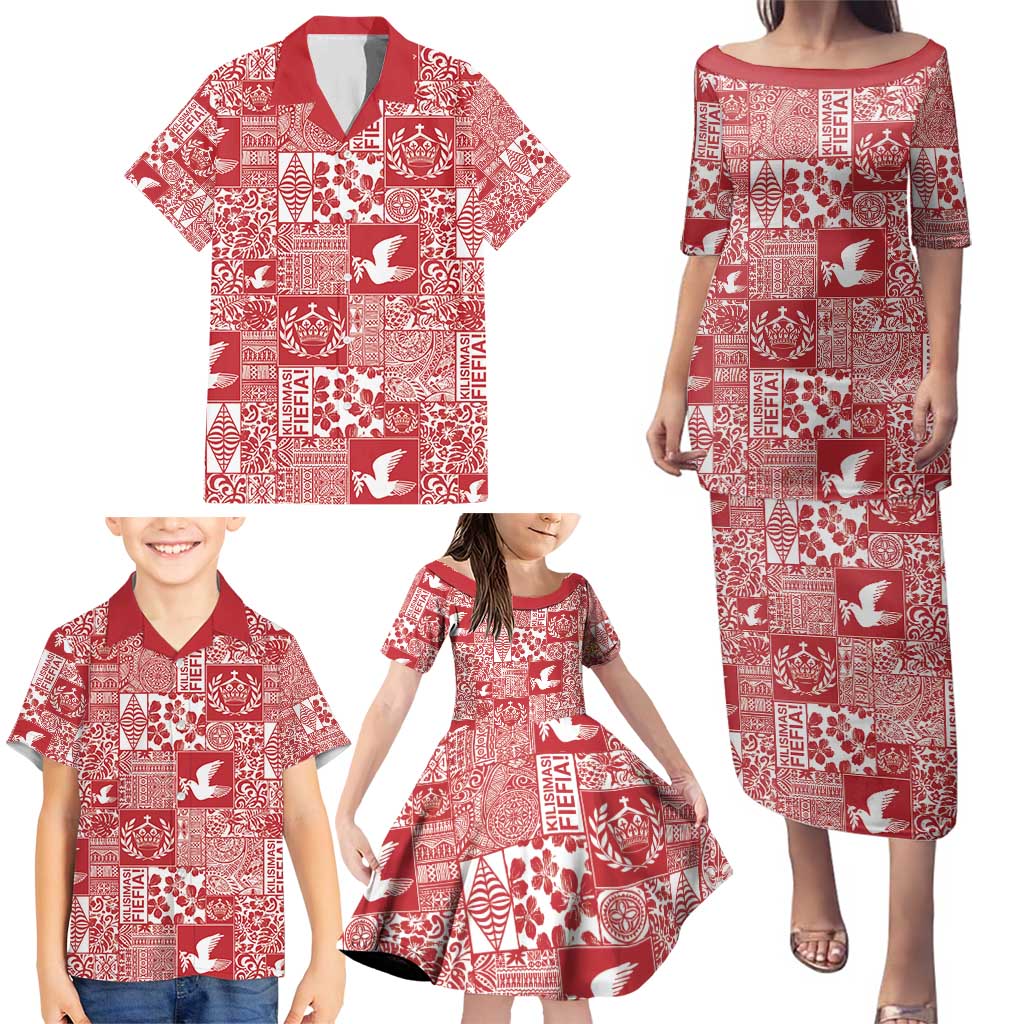 Red Tonga Kilisimasi Fiefia Family Matching Puletasi and Hawaiian Shirt Pacific Patchwork Xmas Vibes - Polynesian Pride