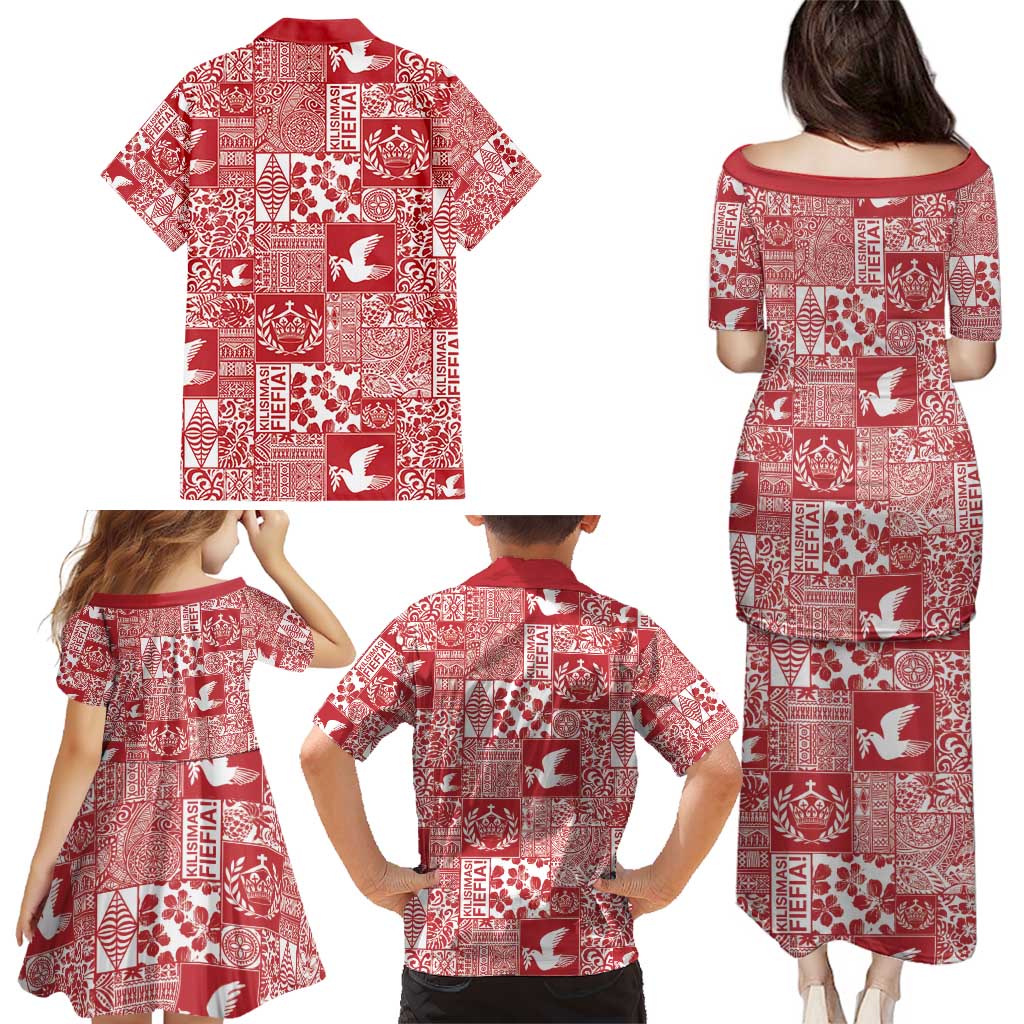 Red Tonga Kilisimasi Fiefia Family Matching Puletasi and Hawaiian Shirt Pacific Patchwork Xmas Vibes - Polynesian Pride