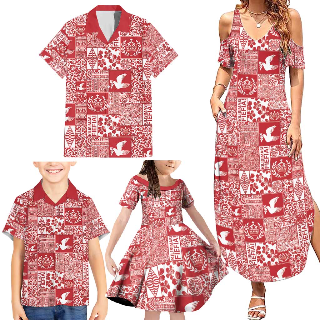 Red Tonga Kilisimasi Fiefia Family Matching Summer Maxi Dress and Hawaiian Shirt Pacific Patchwork Xmas Vibes - Polynesian Pride