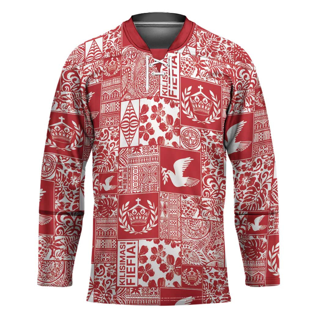 Red Tonga Kilisimasi Fiefia Hockey Jersey Pacific Patchwork Xmas Vibes - Polynesian Pride