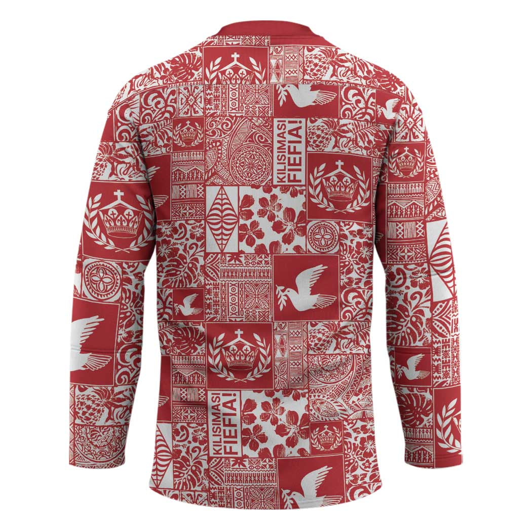 Red Tonga Kilisimasi Fiefia Hockey Jersey Pacific Patchwork Xmas Vibes - Polynesian Pride