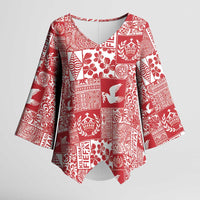 Red Tonga Kilisimasi Fiefia Kimono Sleeve Blouse Pacific Patchwork Xmas Vibes - Polynesian Pride