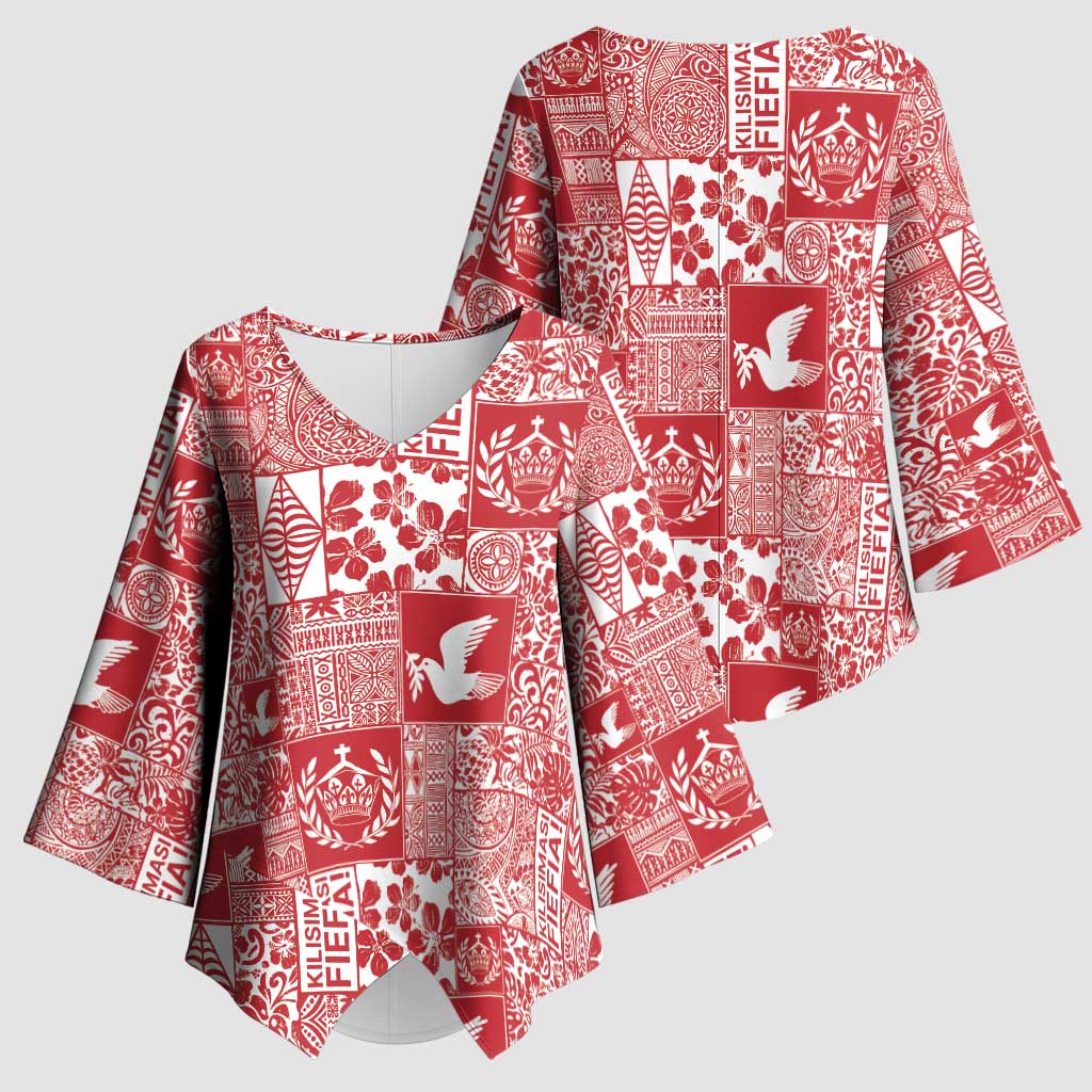 Red Tonga Kilisimasi Fiefia Kimono Sleeve Blouse Pacific Patchwork Xmas Vibes - Polynesian Pride