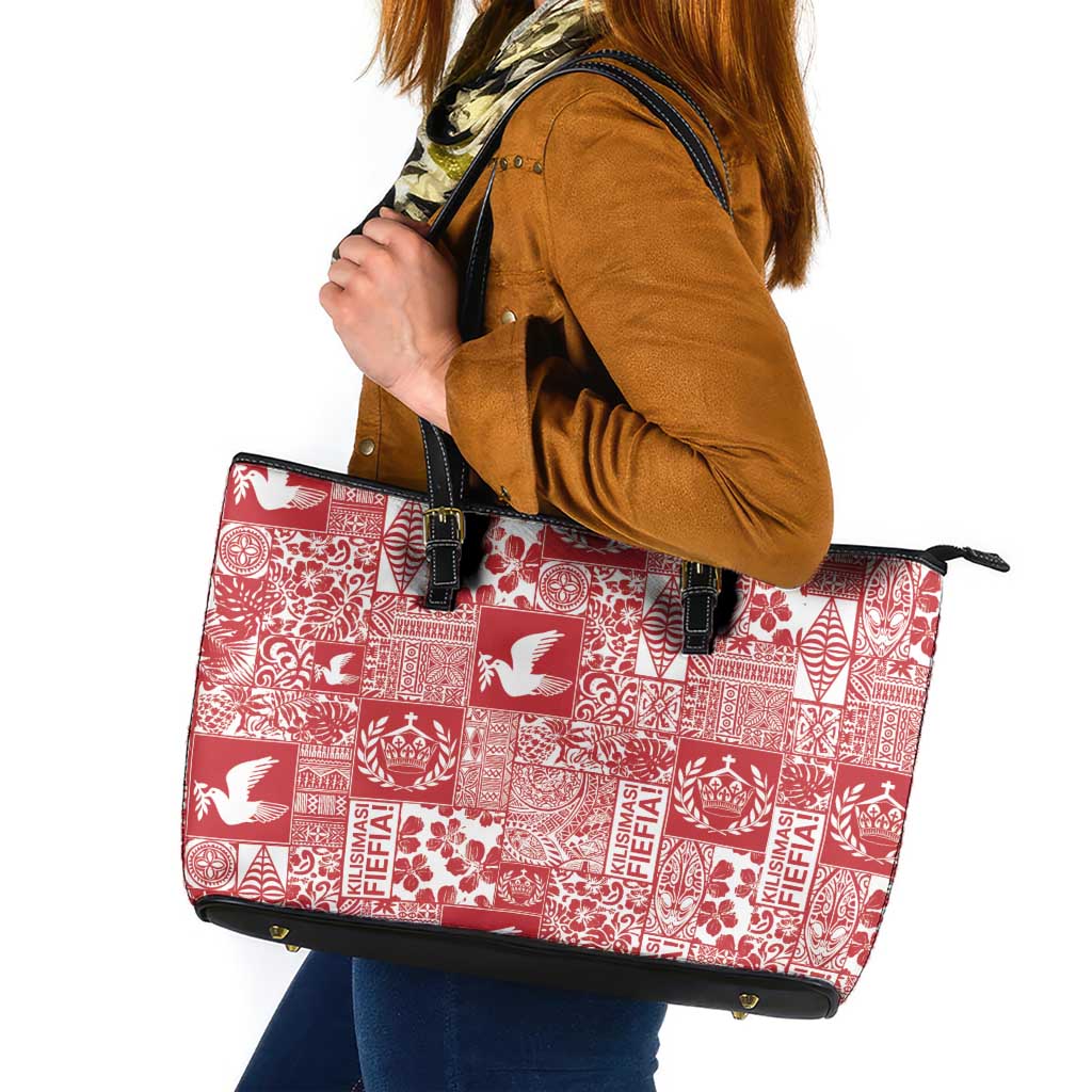 Red Tonga Kilisimasi Fiefia Leather Tote Bag Pacific Patchwork Xmas Vibes - Polynesian Pride