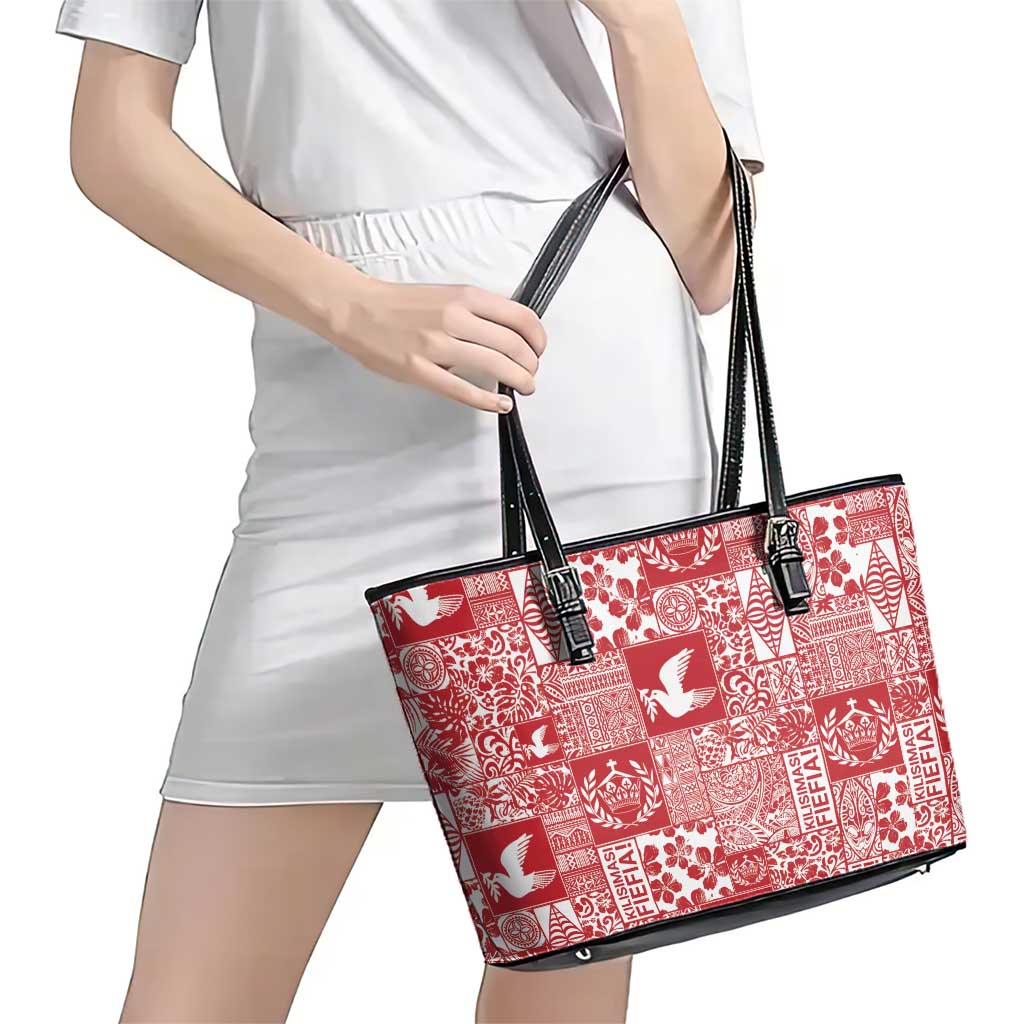 Red Tonga Kilisimasi Fiefia Leather Tote Bag Pacific Patchwork Xmas Vibes - Polynesian Pride