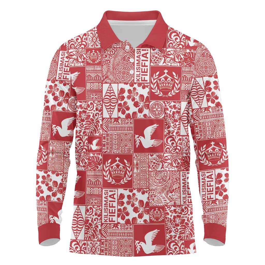 Red Tonga Kilisimasi Fiefia Long Sleeve Polo Shirt Pacific Patchwork Xmas Vibes - Polynesian Pride
