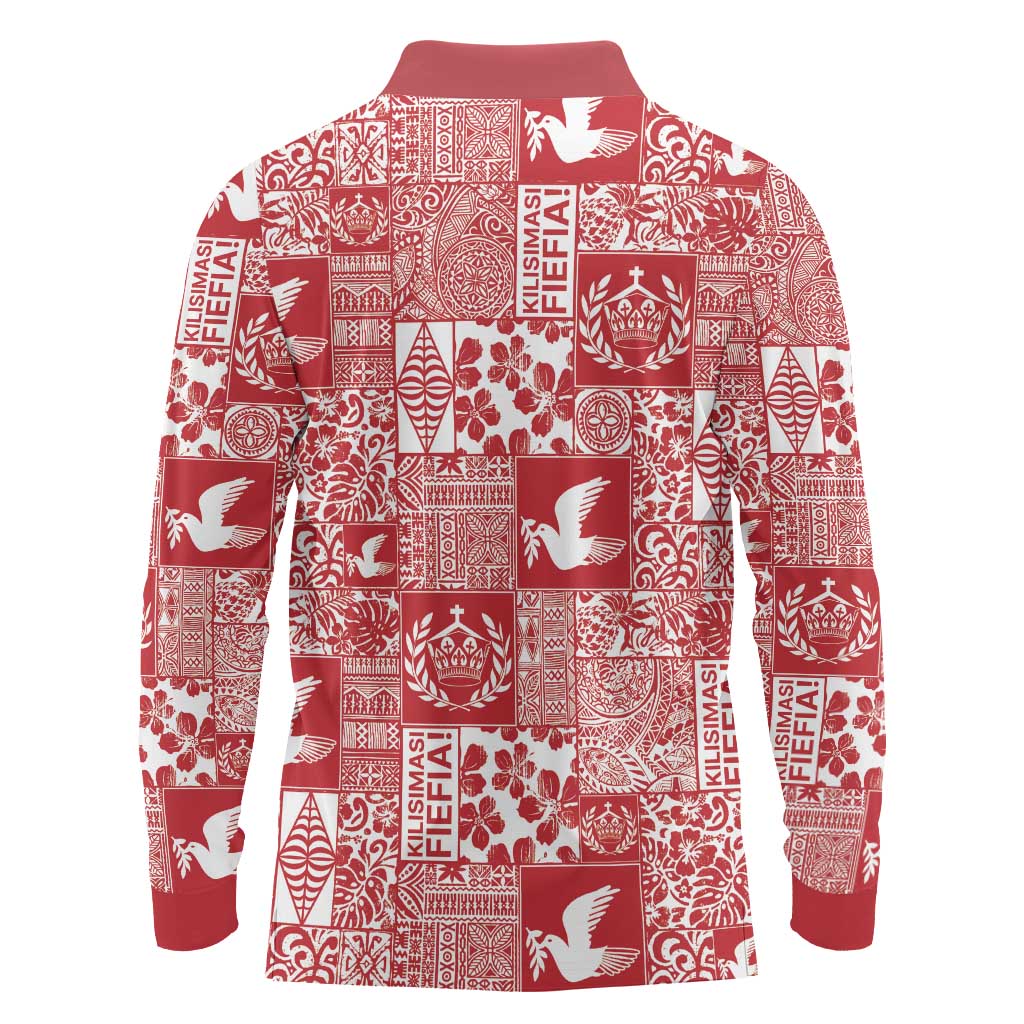 Red Tonga Kilisimasi Fiefia Long Sleeve Polo Shirt Pacific Patchwork Xmas Vibes - Polynesian Pride