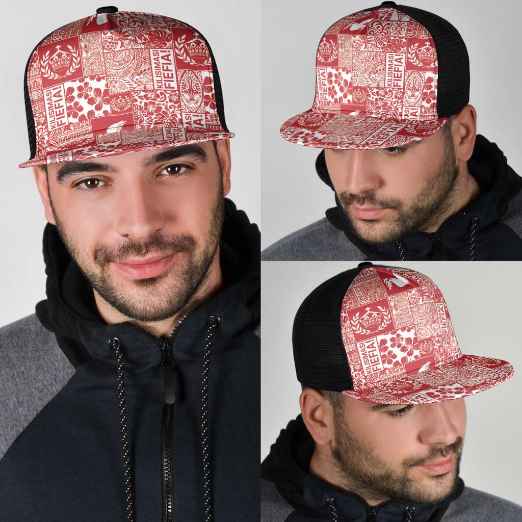 Red Tonga Kilisimasi Fiefia Mesh Trucker Cap Pacific Patchwork Xmas Vibes - Polynesian Pride