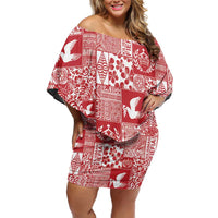 Red Tonga Kilisimasi Fiefia Off Shoulder Short Dress Pacific Patchwork Xmas Vibes - Polynesian Pride
