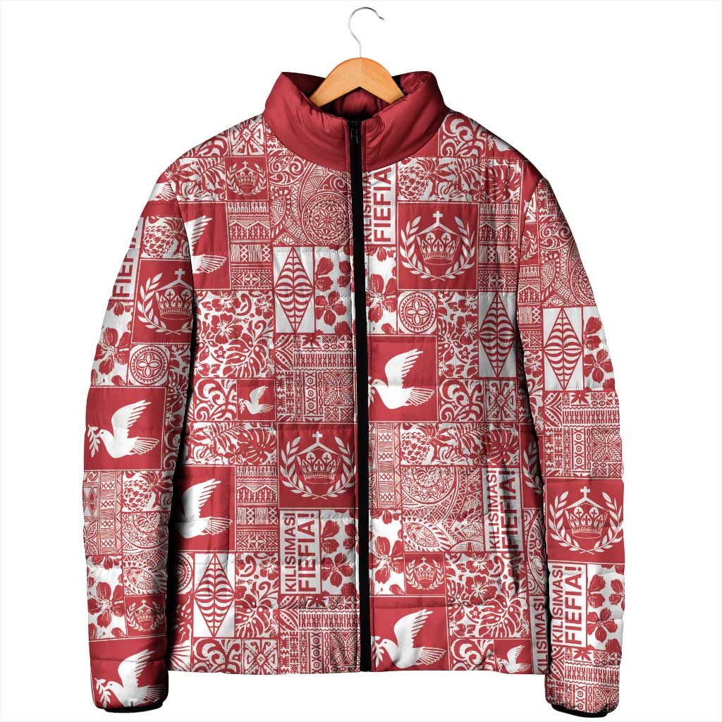 Red Tonga Kilisimasi Fiefia Padded Jacket Pacific Patchwork Xmas Vibes - Polynesian Pride