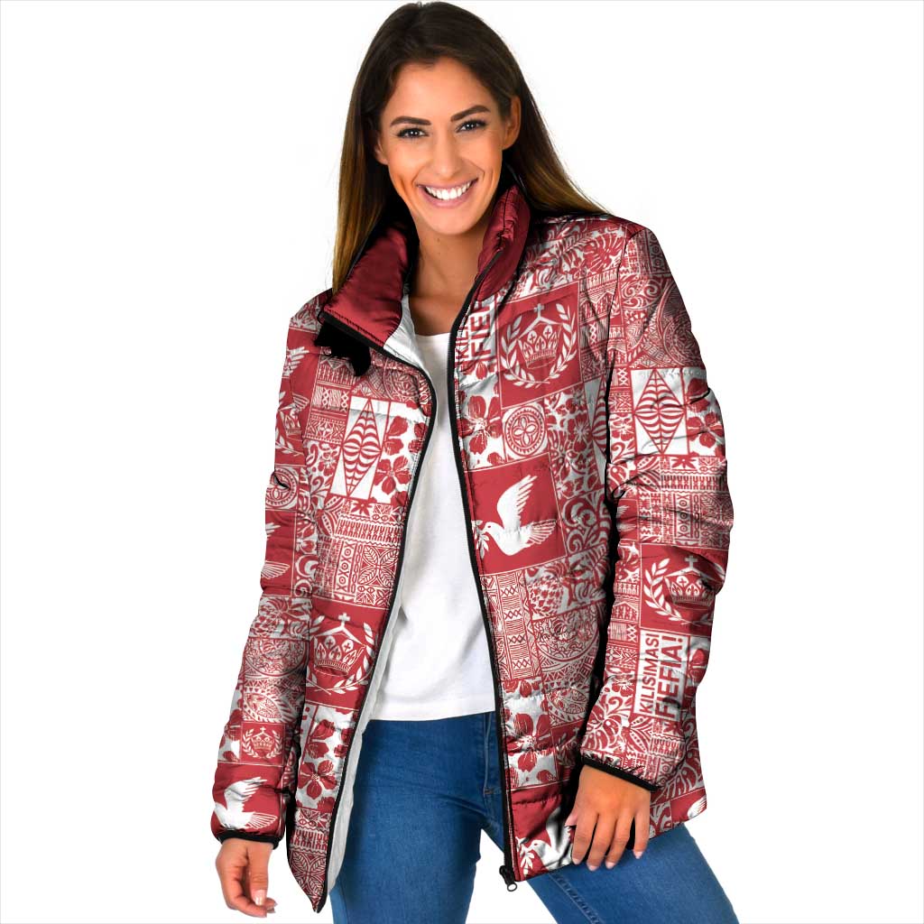 Red Tonga Kilisimasi Fiefia Padded Jacket Pacific Patchwork Xmas Vibes - Polynesian Pride