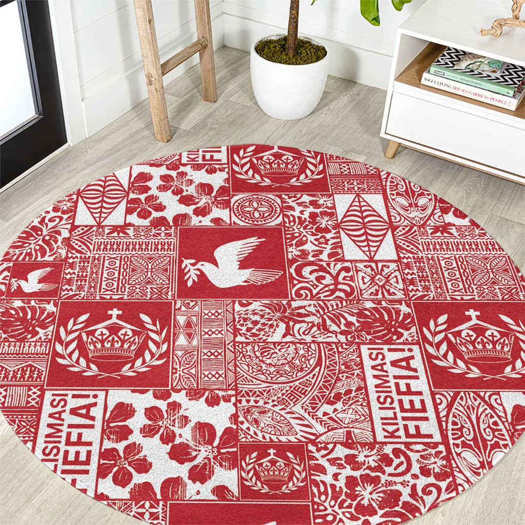Red Tonga Kilisimasi Fiefia Round Carpet Pacific Patchwork Xmas Vibes - Polynesian Pride