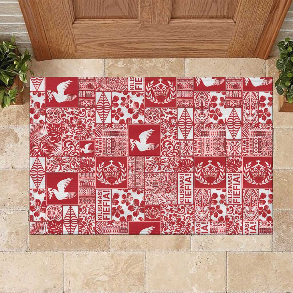 Red Tonga Kilisimasi Fiefia Rubber Doormat Pacific Patchwork Xmas Vibes - Polynesian Pride