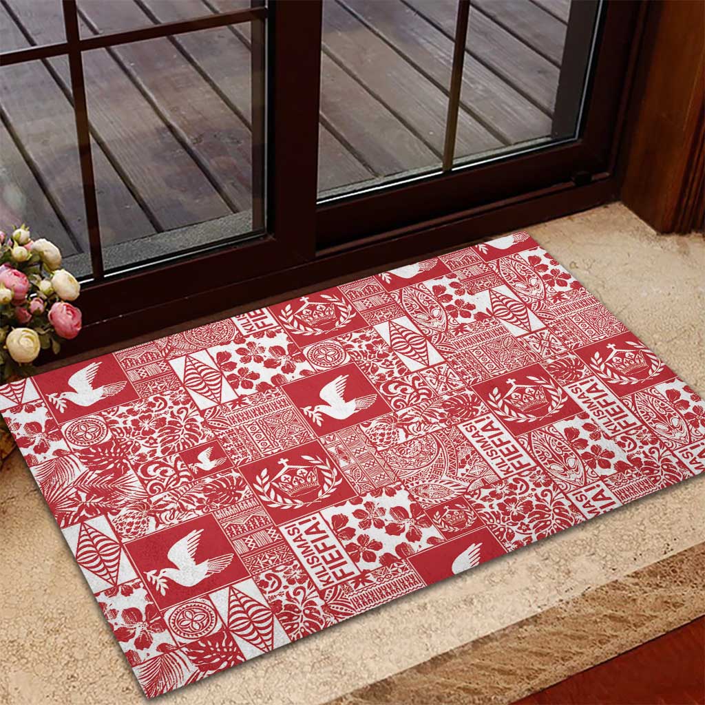 Red Tonga Kilisimasi Fiefia Rubber Doormat Pacific Patchwork Xmas Vibes - Polynesian Pride