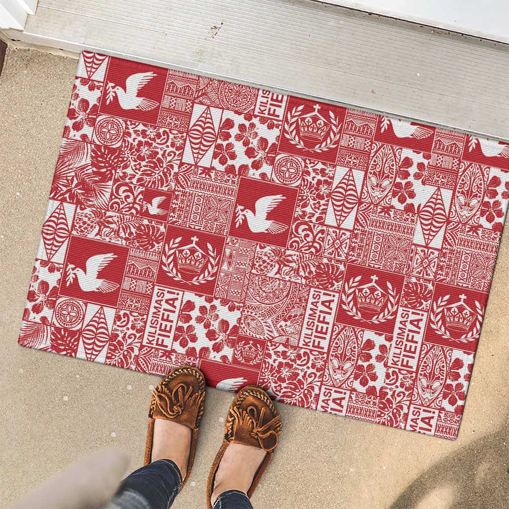 Red Tonga Kilisimasi Fiefia Rubber Doormat Pacific Patchwork Xmas Vibes - Polynesian Pride