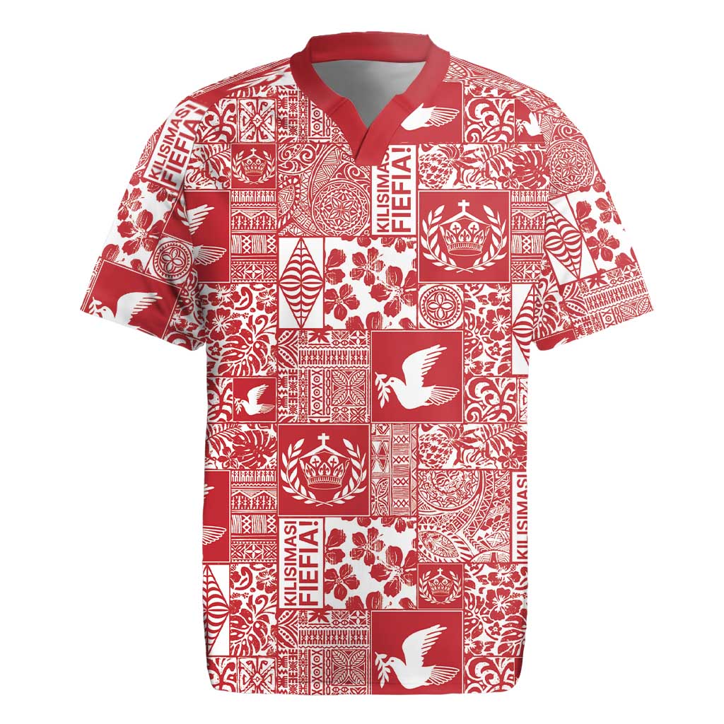 Red Tonga Kilisimasi Fiefia Rugby Jersey Pacific Patchwork Xmas Vibes - Polynesian Pride