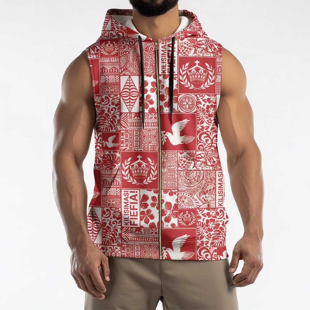 Red Tonga Kilisimasi Fiefia Sleeveless Zip Hoodie Pacific Patchwork Xmas Vibes - Polynesian Pride