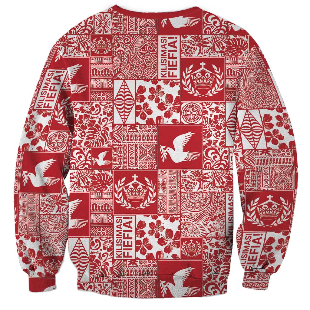 Red Tonga Kilisimasi Fiefia Sweatshirt Pacific Patchwork Xmas Vibes - Polynesian Pride