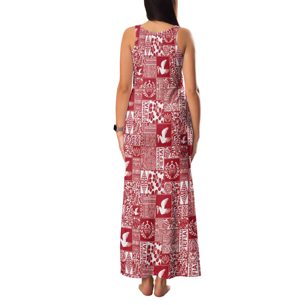 Red Tonga Kilisimasi Fiefia Tank Maxi Dress Pacific Patchwork Xmas Vibes - Polynesian Pride