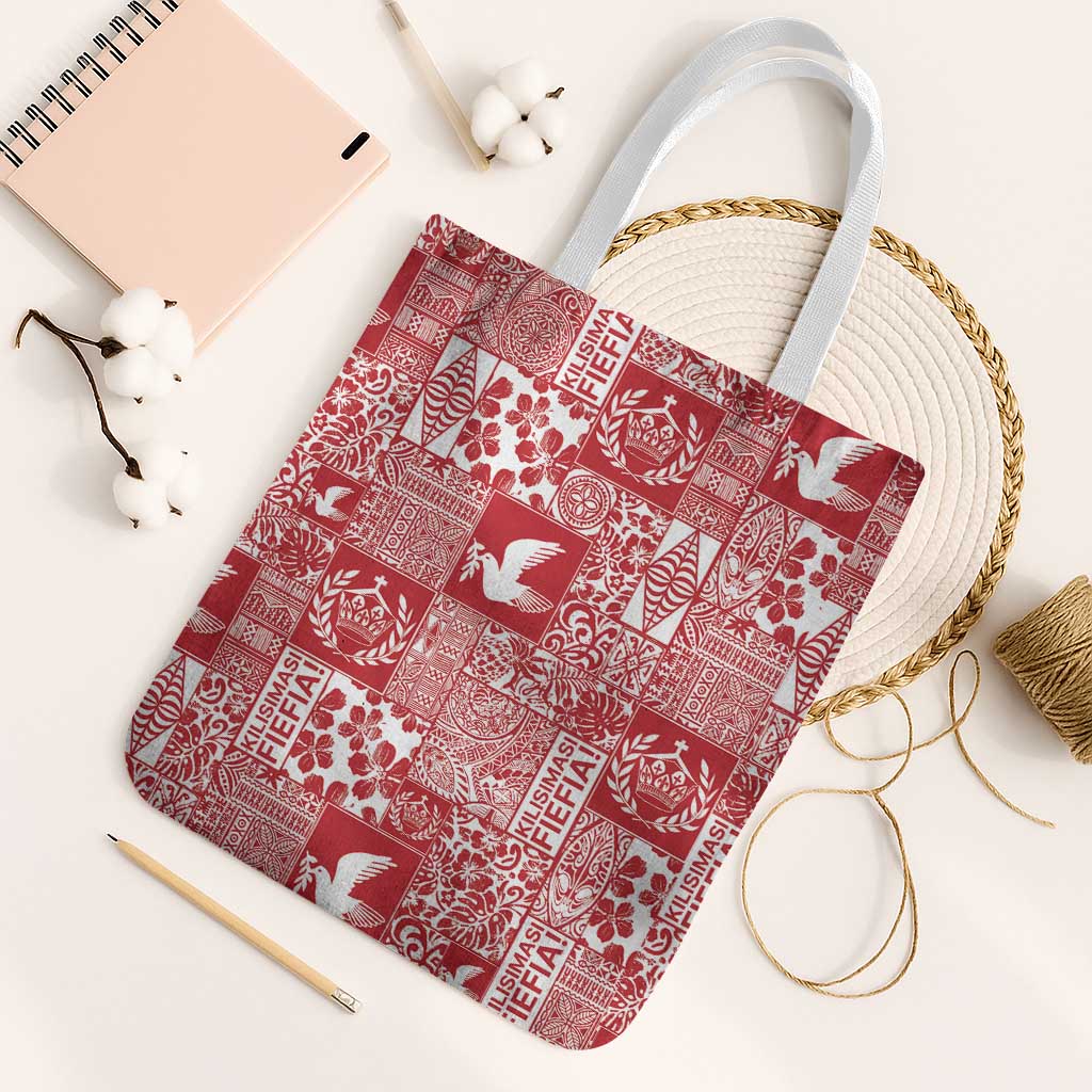 Red Tonga Kilisimasi Fiefia Tote Bag Pacific Patchwork Xmas Vibes - Polynesian Pride