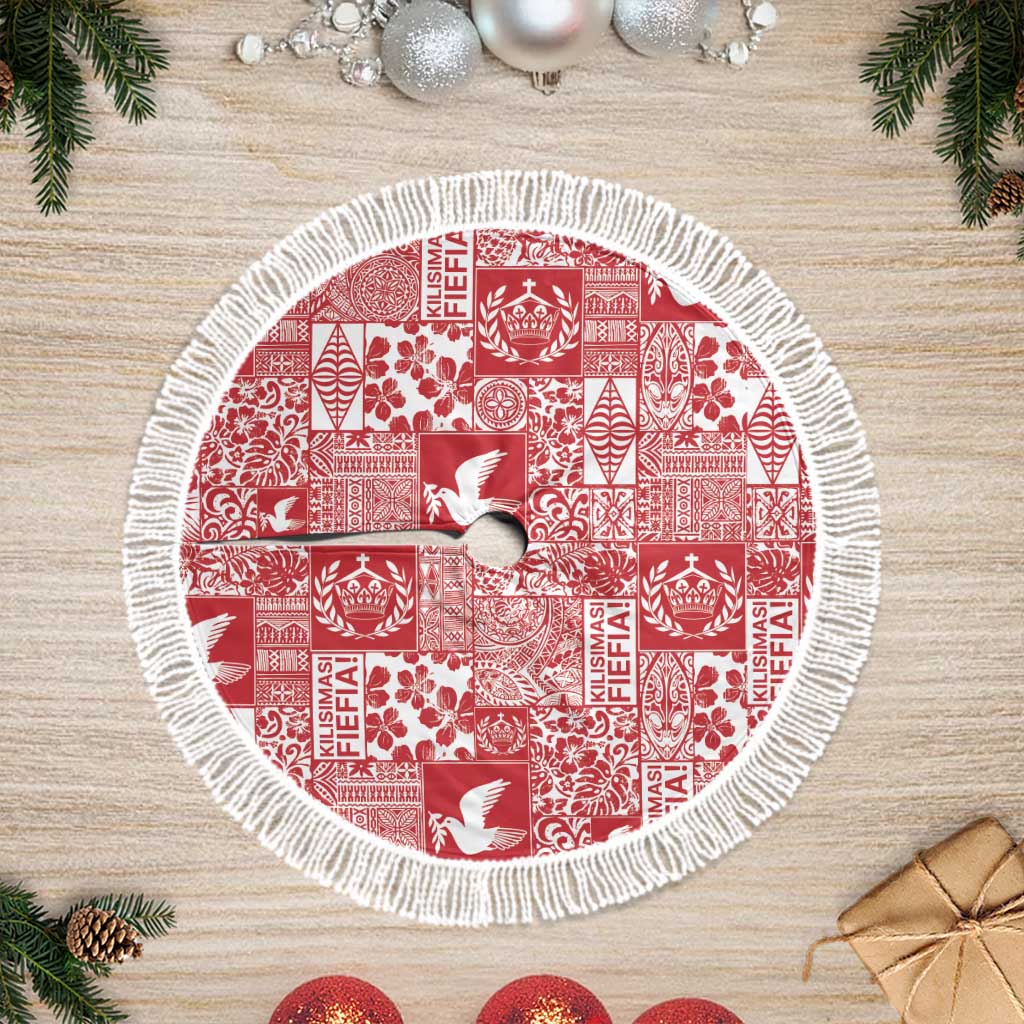 Red Tonga Kilisimasi Fiefia Tree Skirt Pacific Patchwork Xmas Vibes - Polynesian Pride