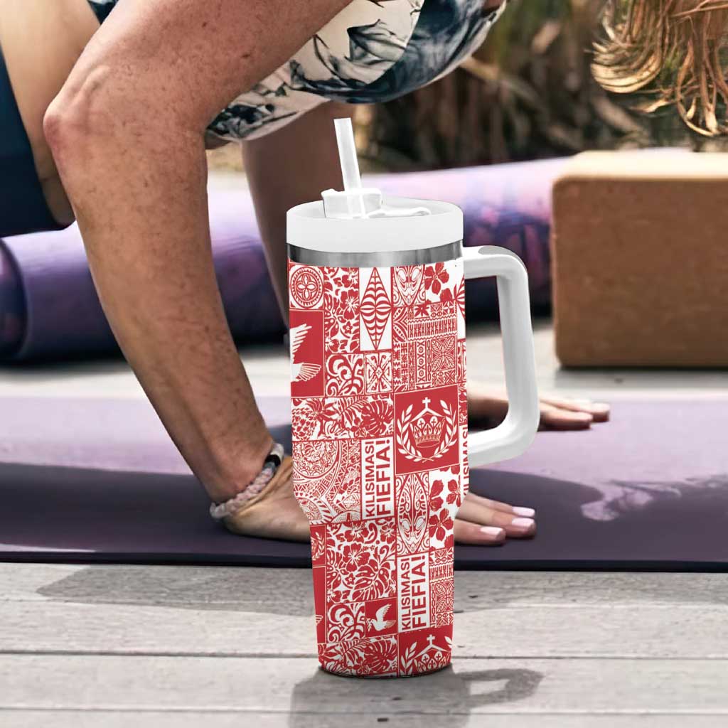 Red Tonga Kilisimasi Fiefia Tumbler With Handle Pacific Patchwork Xmas Vibes - Polynesian Pride