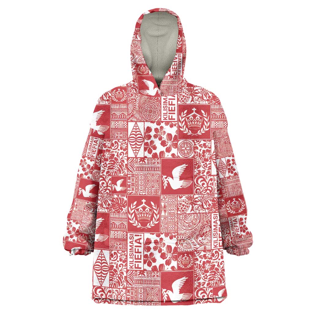 Red Tonga Kilisimasi Fiefia Wearable Blanket Hoodie Pacific Patchwork Xmas Vibes - Polynesian Pride