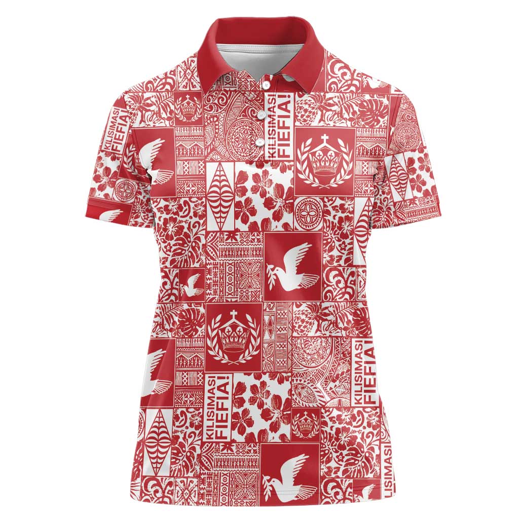 Red Tonga Kilisimasi Fiefia Women Polo Shirt Pacific Patchwork Xmas Vibes - Polynesian Pride