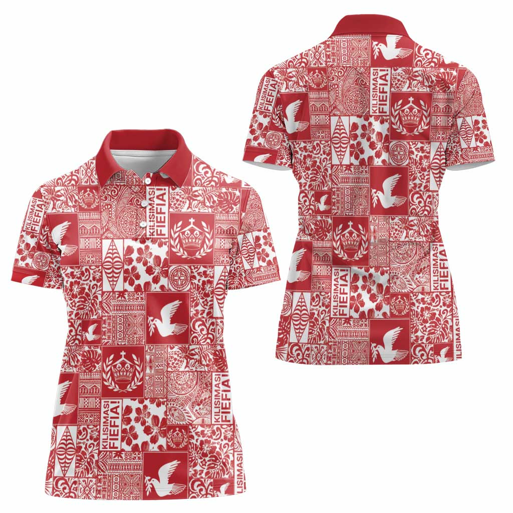 Red Tonga Kilisimasi Fiefia Women Polo Shirt Pacific Patchwork Xmas Vibes - Polynesian Pride