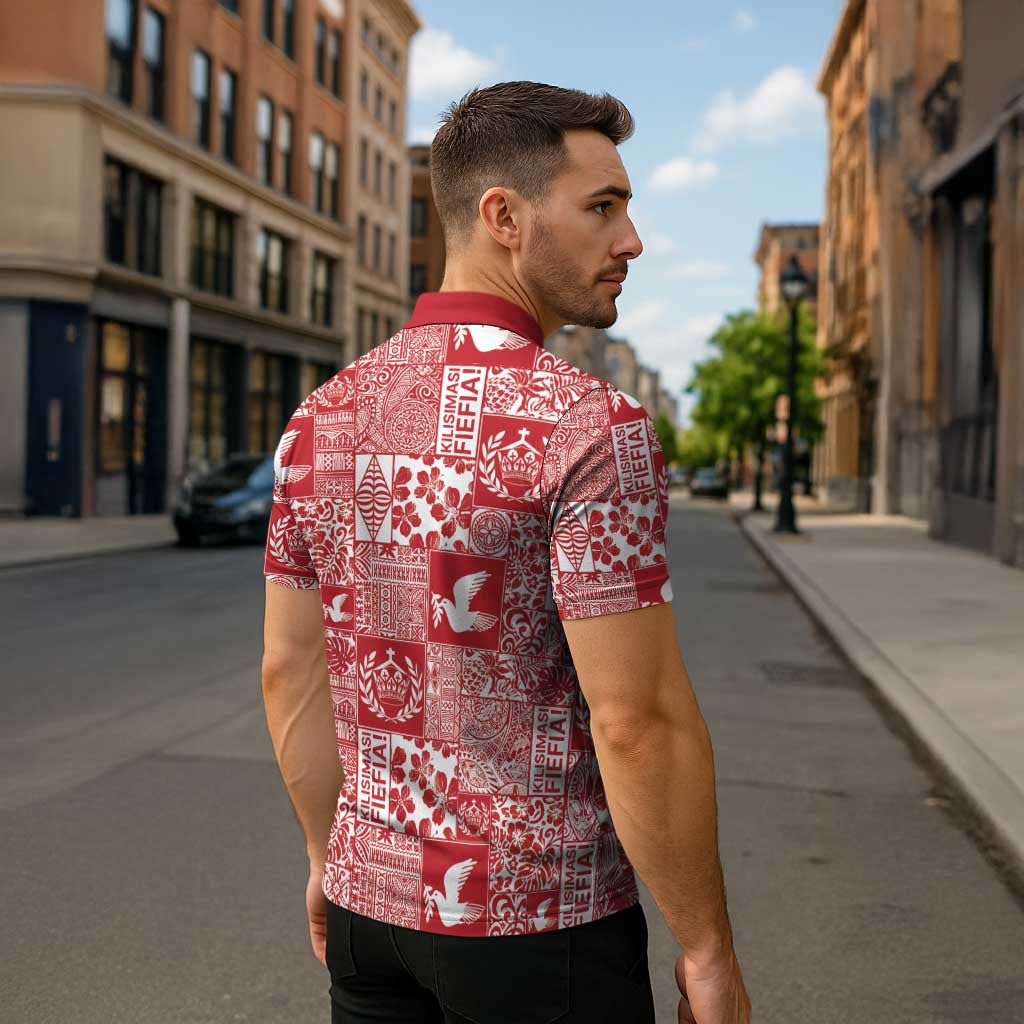 Red Tonga Kilisimasi Fiefia Zipper Polo Shirt Pacific Patchwork Xmas Vibes - Polynesian Pride