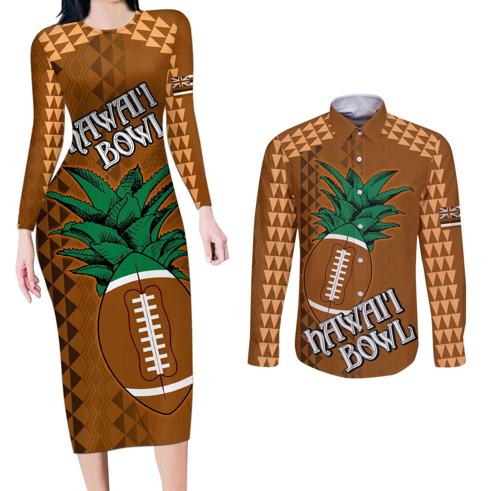 Custom Hawaii Honolulu Bowl Couples Matching Long Sleeve Bodycon Dress and Long Sleeve Button Shirt With Kakau Tribal Pattern LT9 Brown - Polynesian Pride
