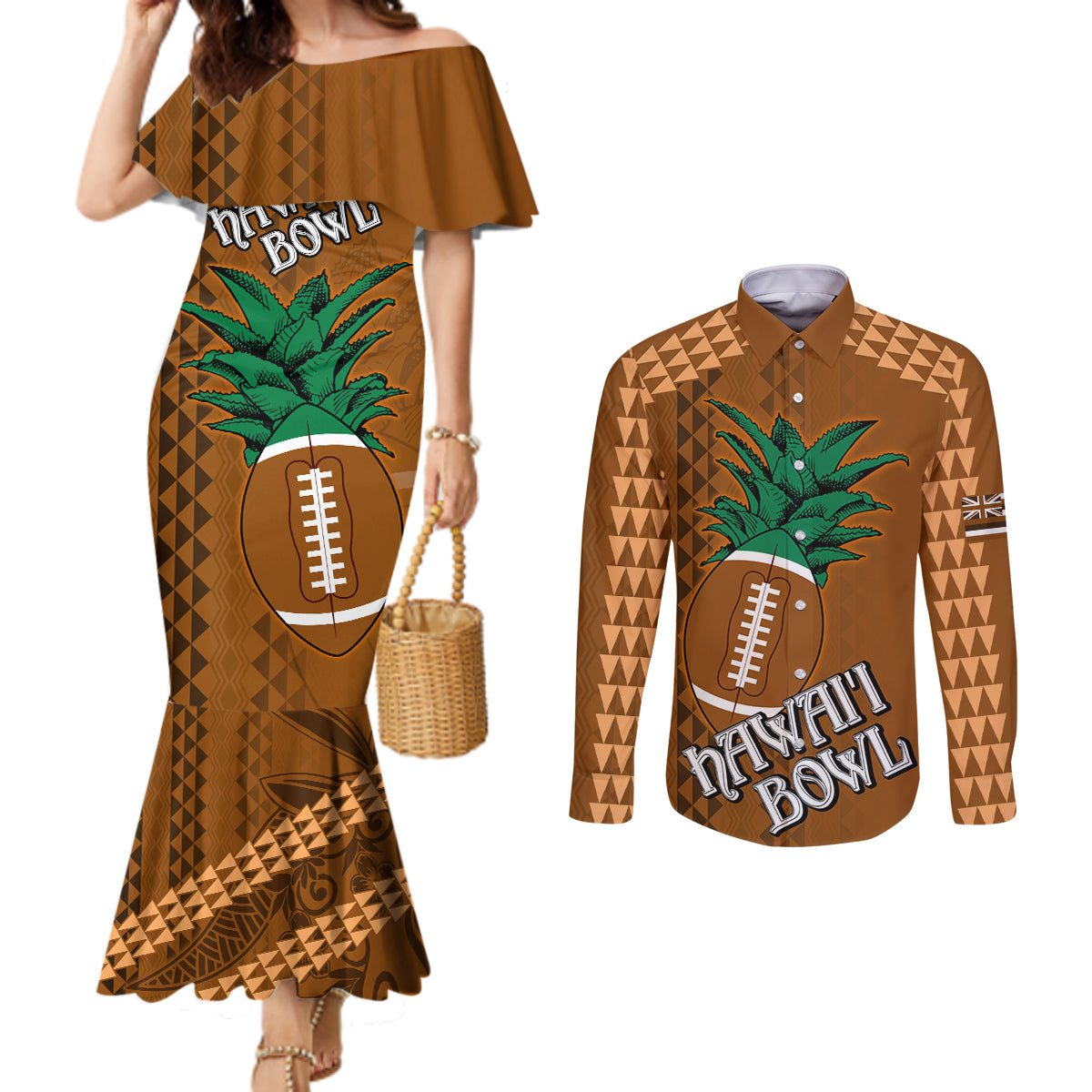 Custom Hawaii Honolulu Bowl Couples Matching Mermaid Dress and Long Sleeve Button Shirt With Kakau Tribal Pattern LT9 Brown - Polynesian Pride
