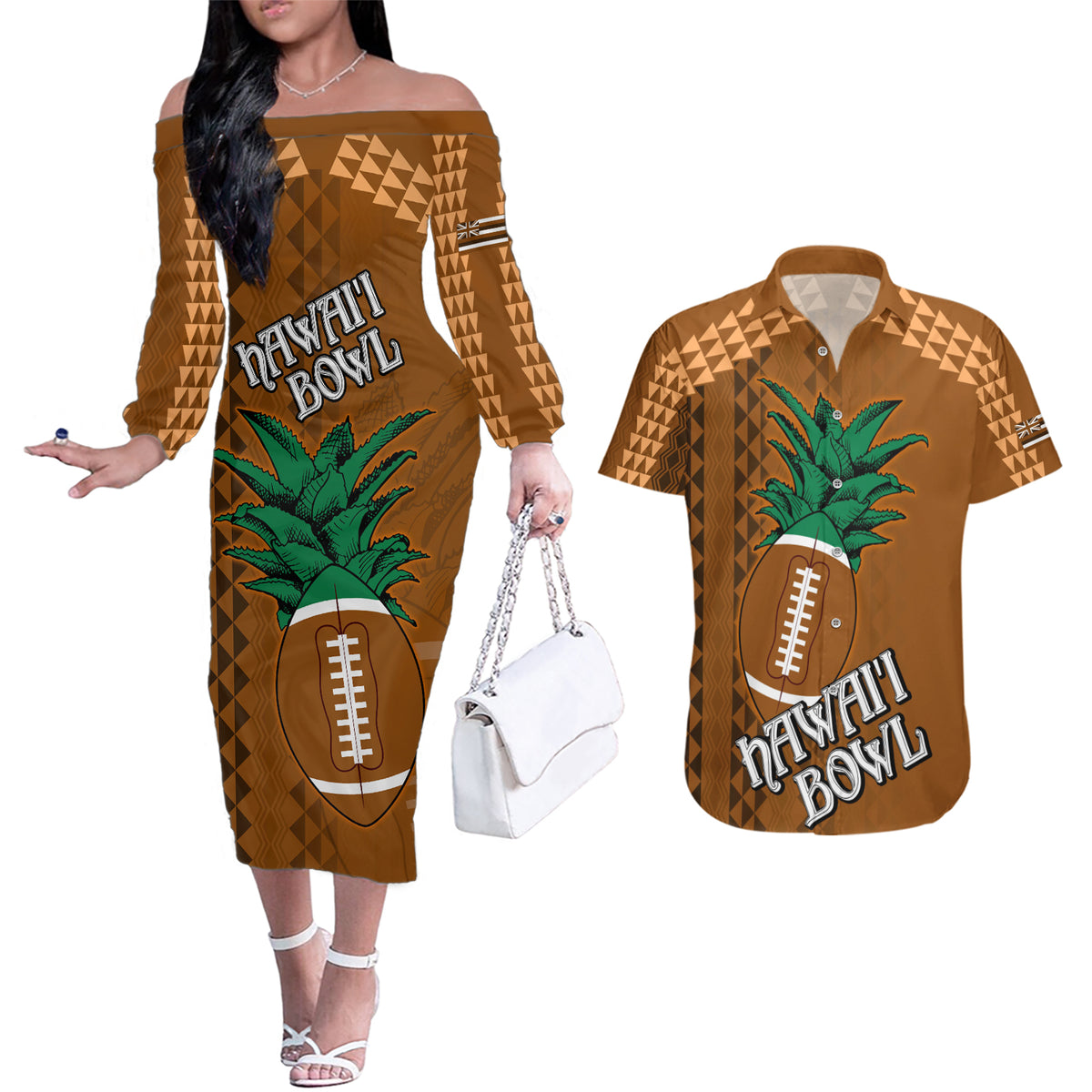 Custom Hawaii Honolulu Bowl Couples Matching Off The Shoulder Long Sleeve Dress and Hawaiian Shirt With Kakau Tribal Pattern LT9 Brown - Polynesian Pride