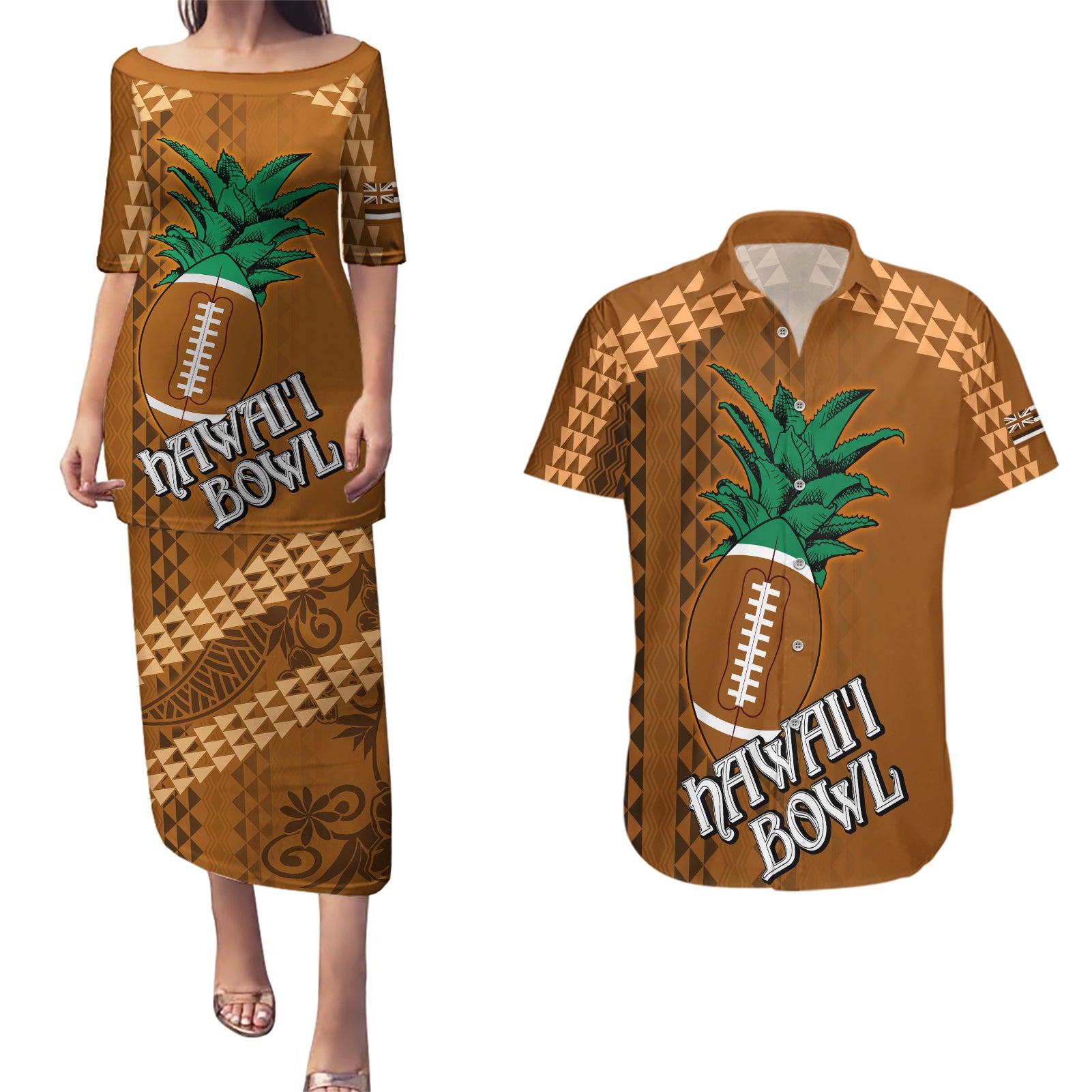 Custom Hawaii Honolulu Bowl Couples Matching Puletasi Dress and Hawaiian Shirt With Kakau Tribal Pattern LT9 Brown - Polynesian Pride